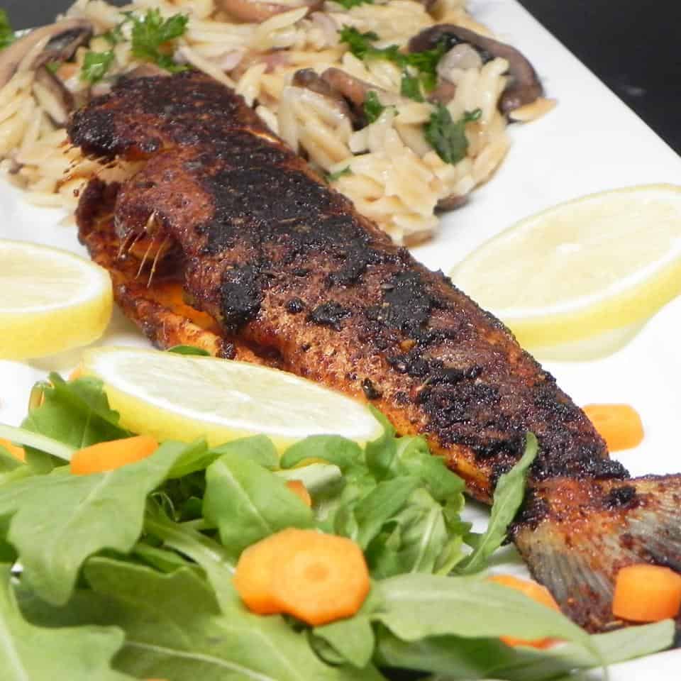 Whole Blackened Trout with Mushroom Orzo